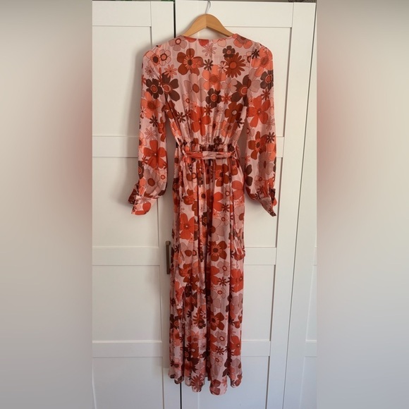 Pink Lily Dress Womens Faux Wrap Slit Maxi Long Sleeve 70s Retro Floral - Picture 3 of 6